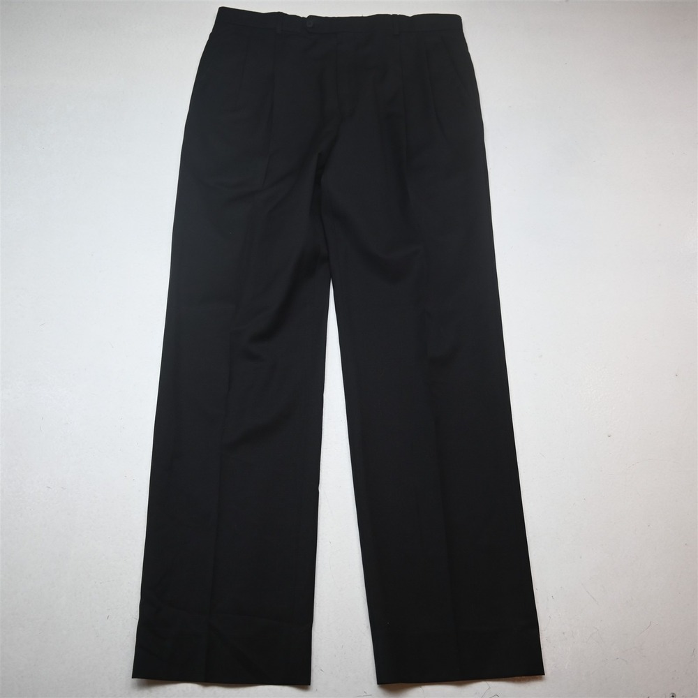 Bespoke 34x32 Black 100% Wool Pleated High Waist Baggy Dress Mens Pants